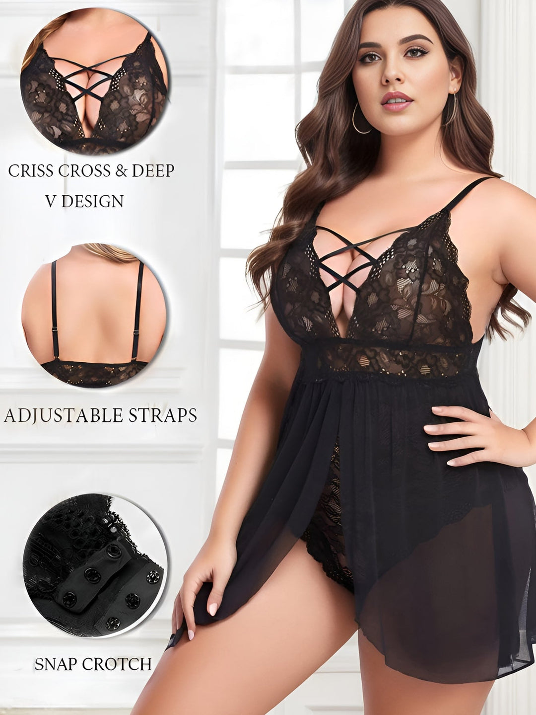 Conjunto curvy de lencería de encaje con tirantes cruzados y liguero