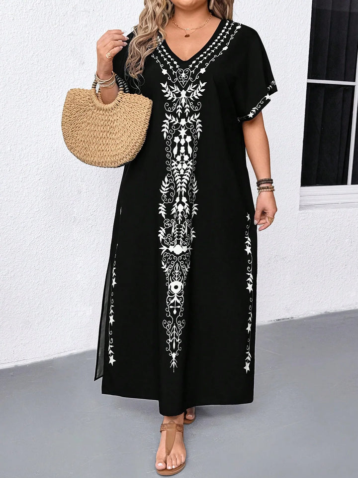 Maricela | Vestido Maxi Curvy Estampado de Manga Cinco Octavos