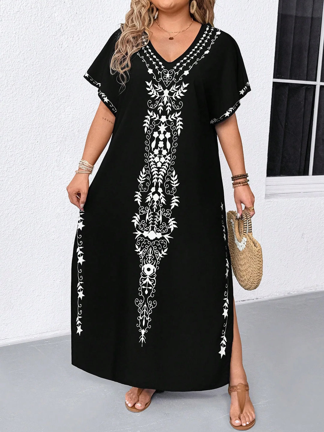 Maricela | Vestido Maxi Curvy Estampado de Manga Cinco Octavos
