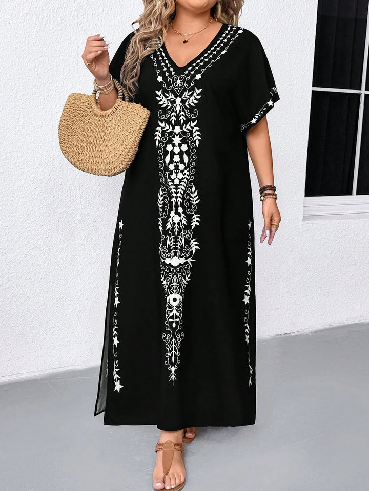 Maricela | Vestido Maxi Curvy Estampado de Manga Cinco Octavos