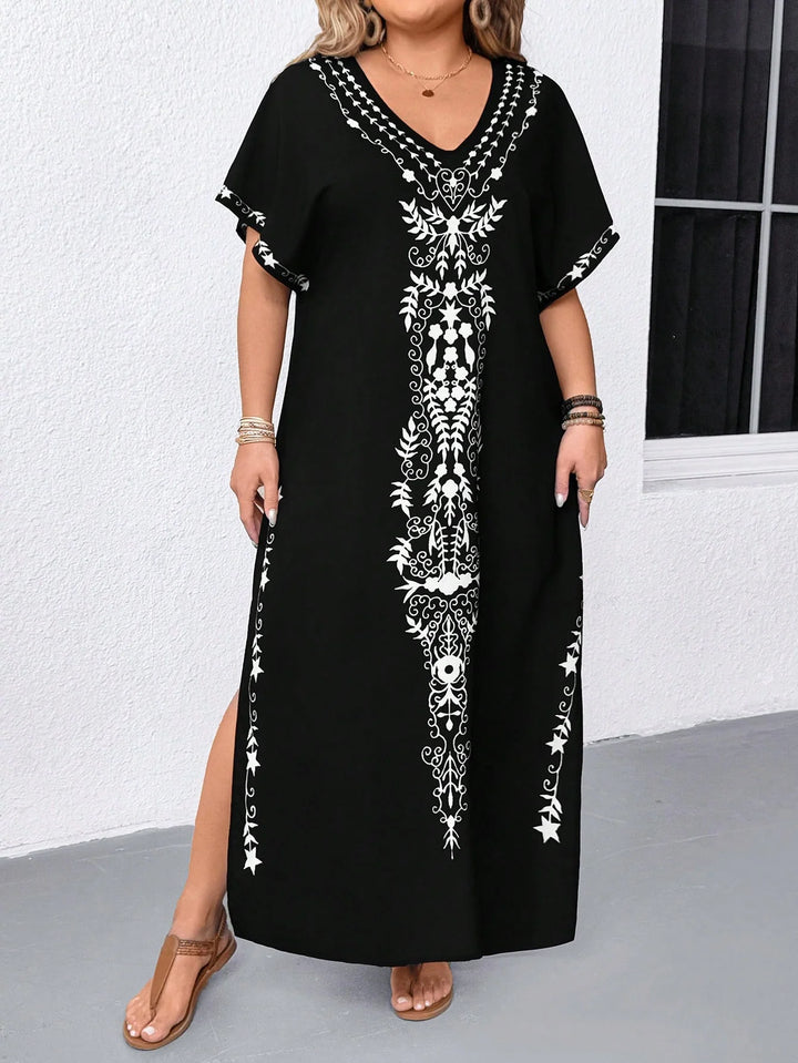 Maricela | Vestido Maxi Curvy Estampado de Manga Cinco Octavos