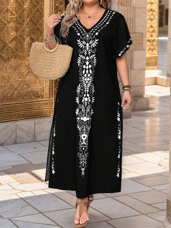 Maricela | Vestido Maxi Curvy Estampado de Manga Cinco Octavos