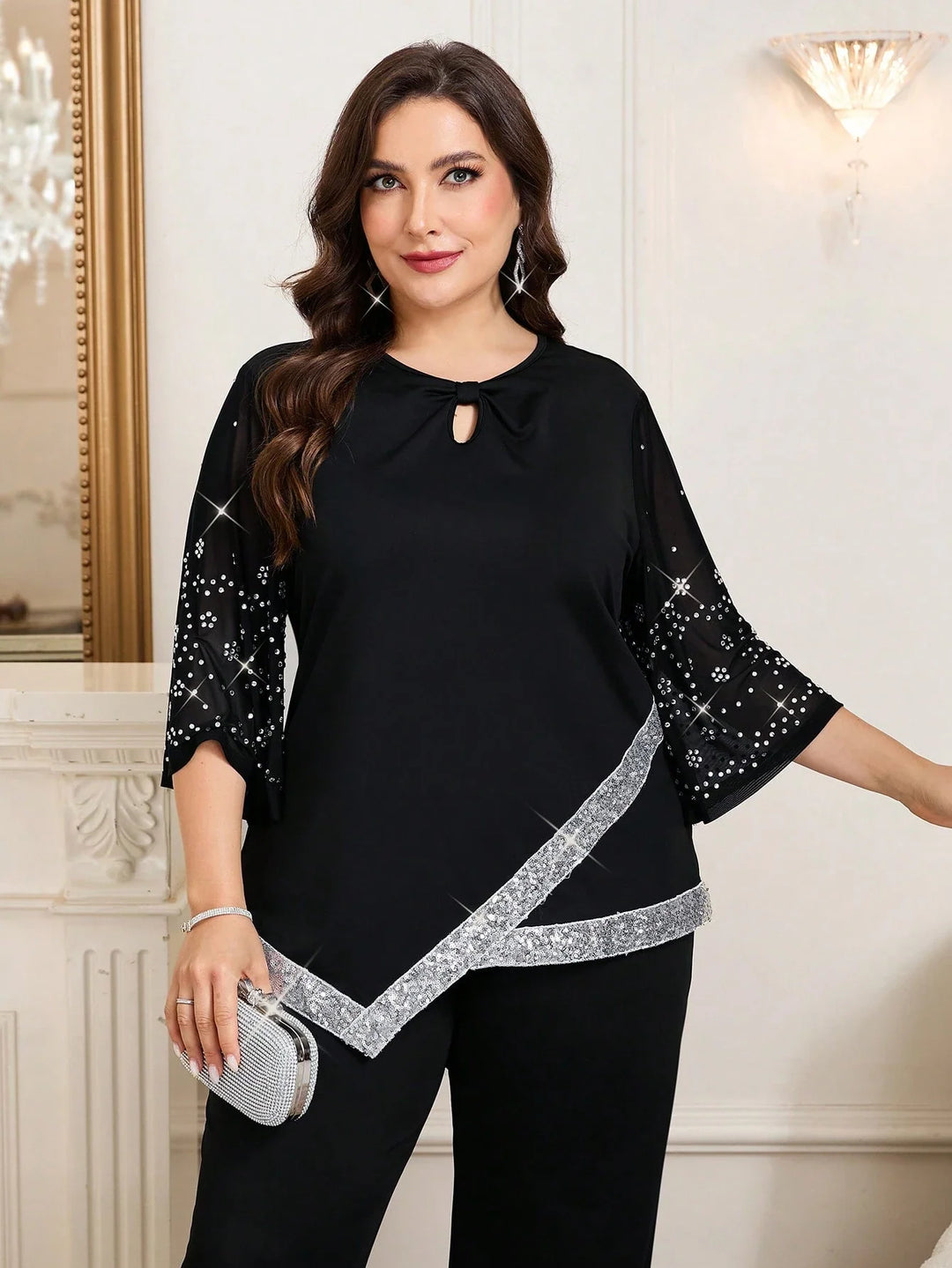 Natalia | Conjunto Curvy Elegante con Lentejuelas y Pantalón Campana
