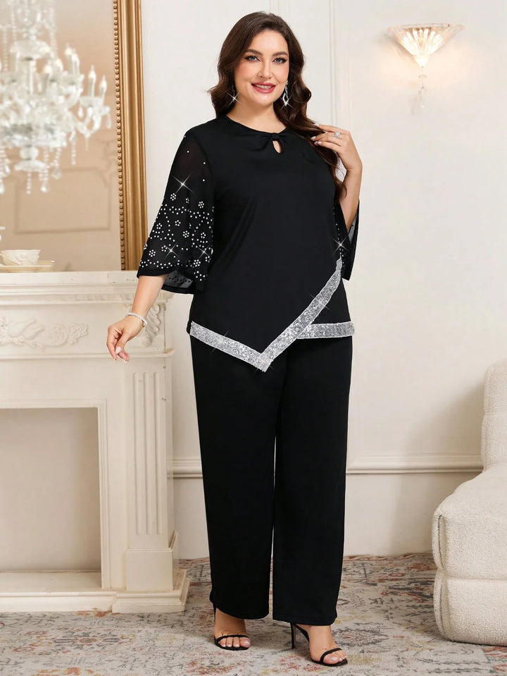 Natalia | Conjunto Curvy Elegante con Lentejuelas y Pantalón Campana