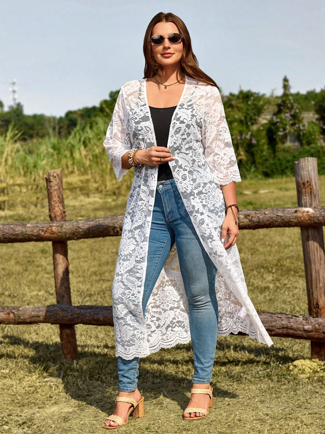 Rubina | Cárdigan Curvy Largo de Encaje Blanco