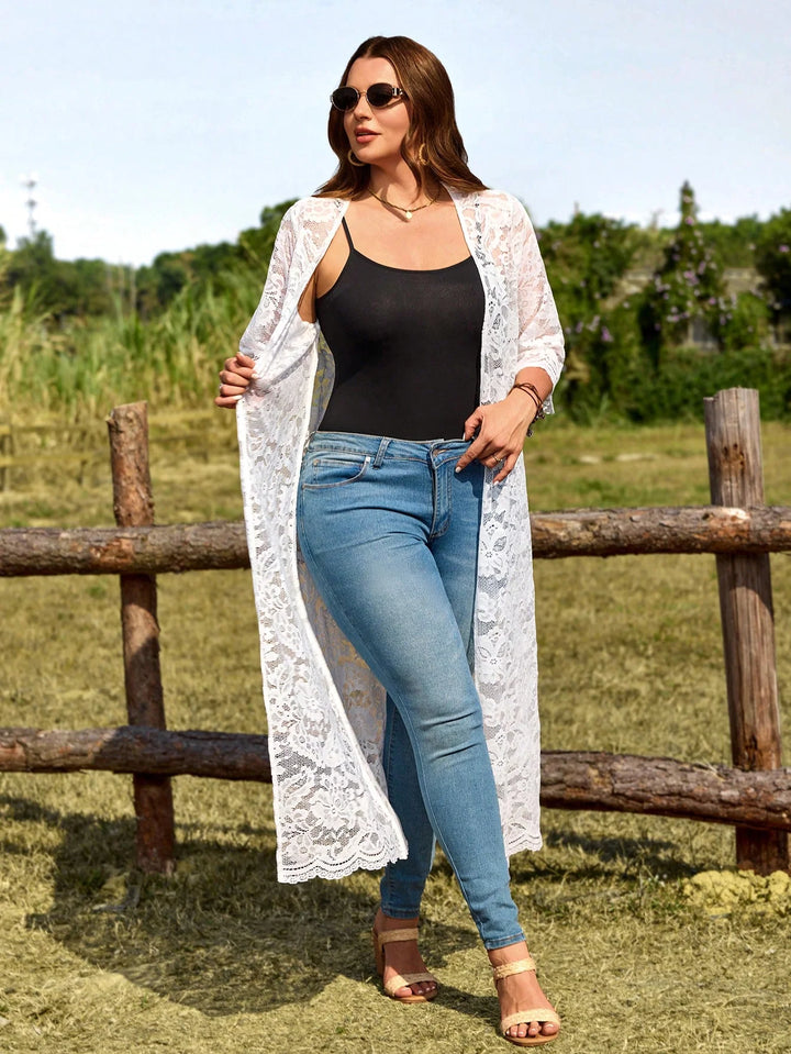 Rubina | Cárdigan Curvy Largo de Encaje Blanco