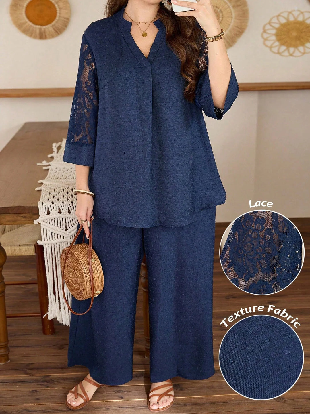 Paz | Conjunto Curvy de Top con Encaje y Pantalón Ancho