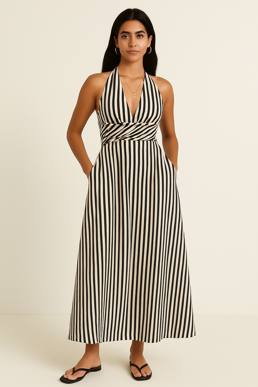 Vestido con Rayas, Espalda Descubierta y Bolsillos