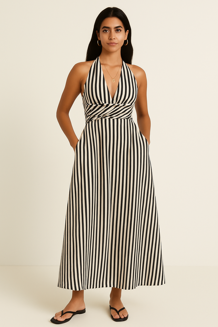 Vestido con Rayas, Espalda Descubierta y Bolsillos