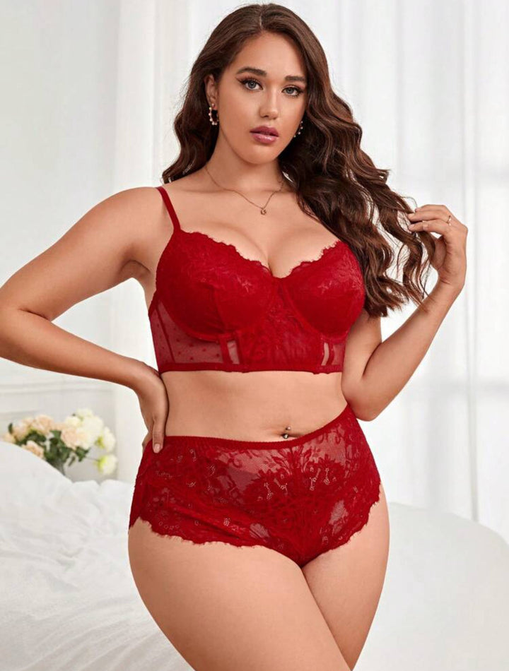 Conjunto de lencería curvy de encaje floral con aros