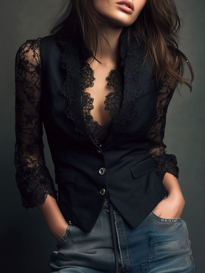 Noémie | Blazer Negro de Mangas Translúcidas