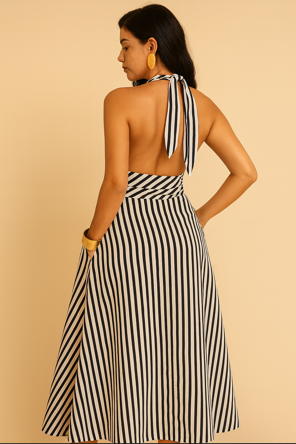 Vestido con Rayas, Espalda Descubierta y Bolsillos