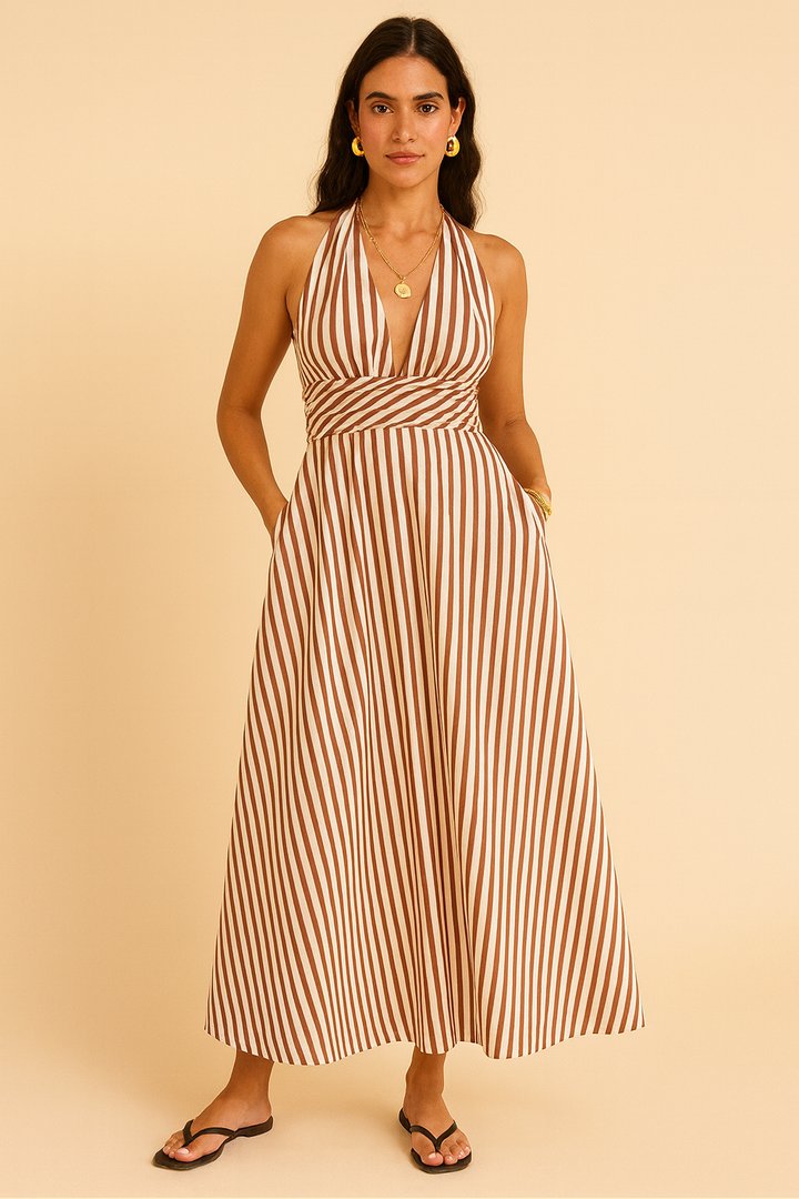 Vestido con Rayas, Espalda Descubierta y Bolsillos