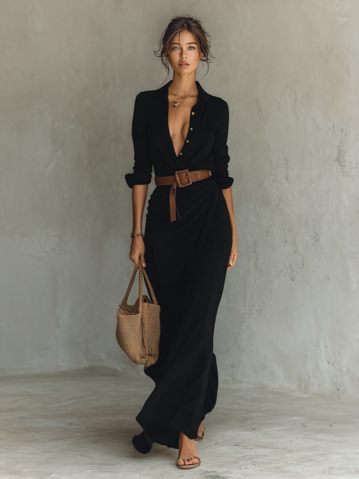 Nuria | Vestido Maxi Largo con Cuello Invertido