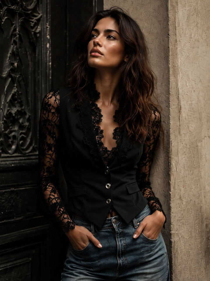 Noémie | Blazer Negro de Mangas Translúcidas