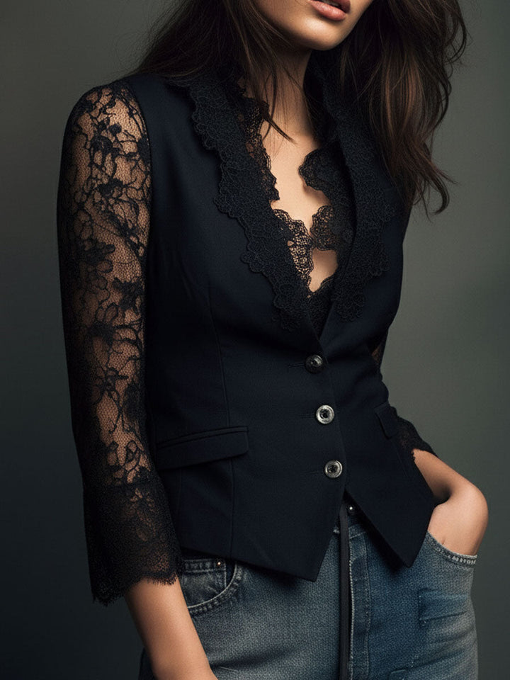 Noémie | Blazer Negro de Mangas Translúcidas