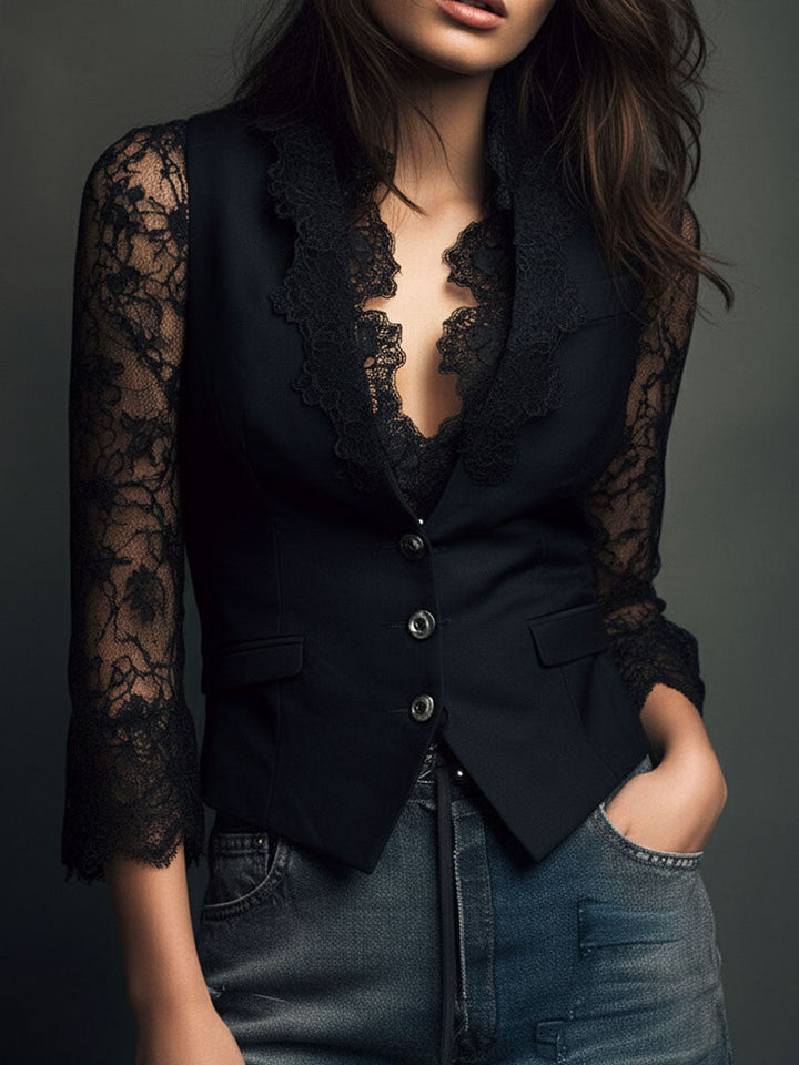 Noémie | Blazer Negro de Mangas Translúcidas