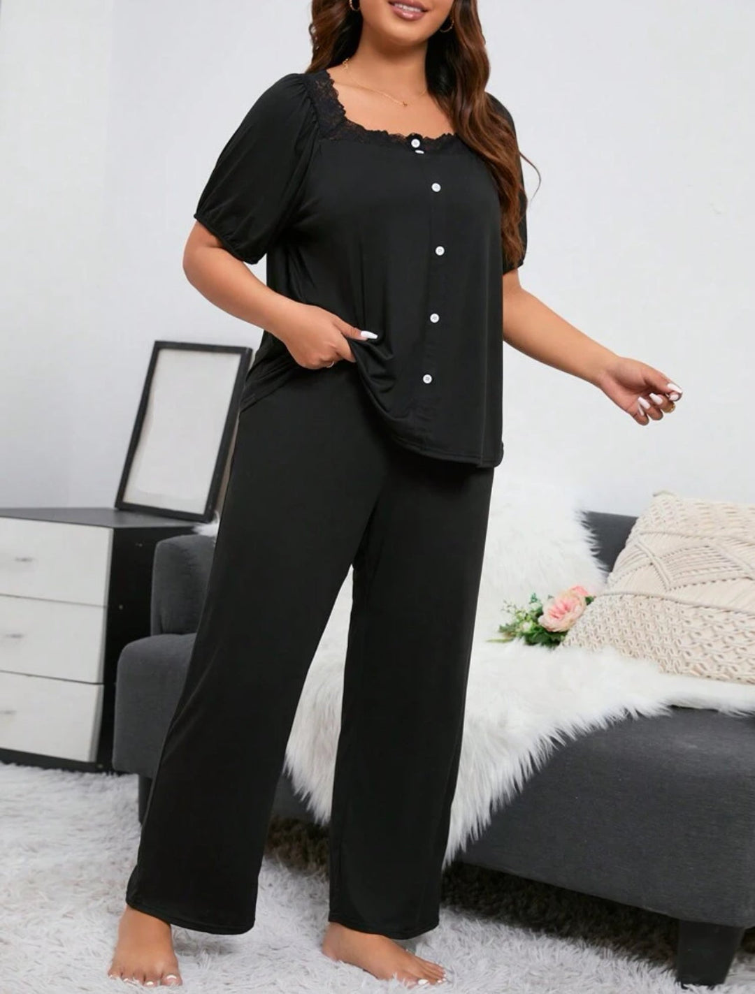 Pijama curvy de encaje con botones delanteros