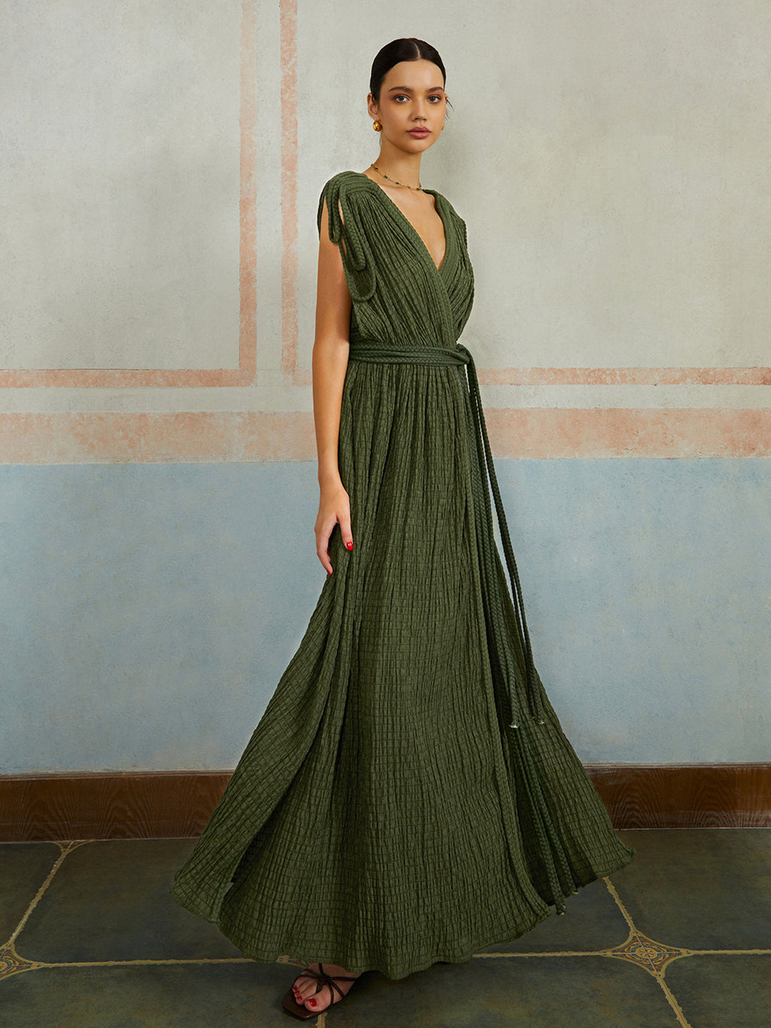 Vestido Largo Casual con Pliegues y Cinturón