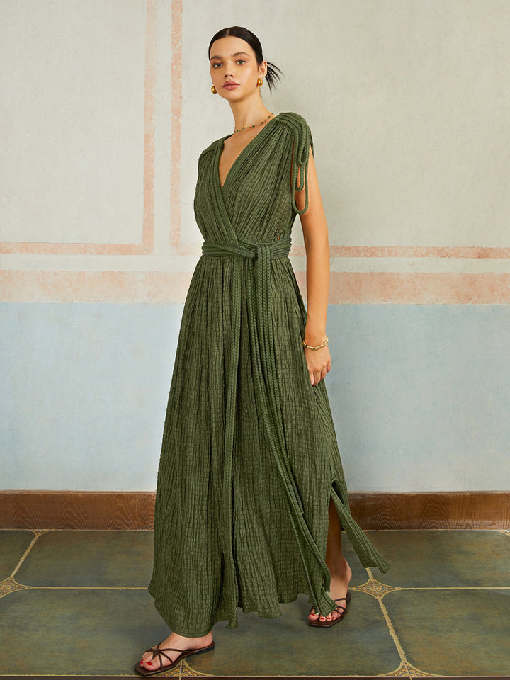Vestido Largo Casual con Pliegues y Cinturón