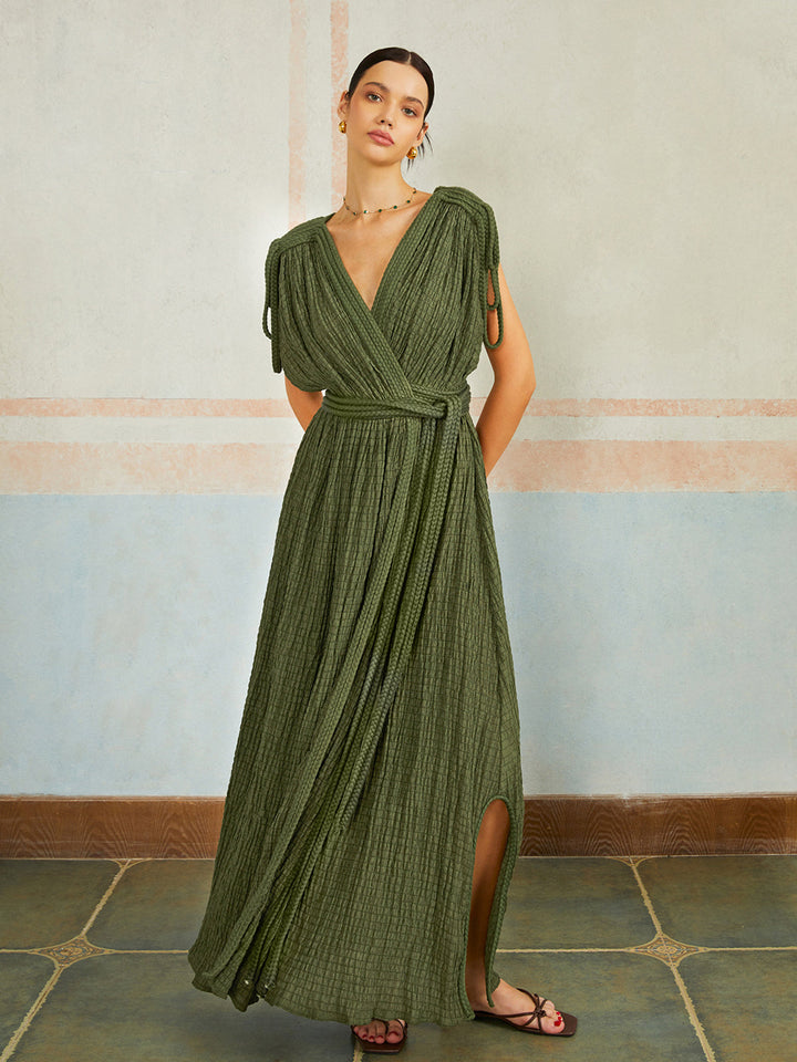 Vestido Largo Casual con Pliegues y Cinturón