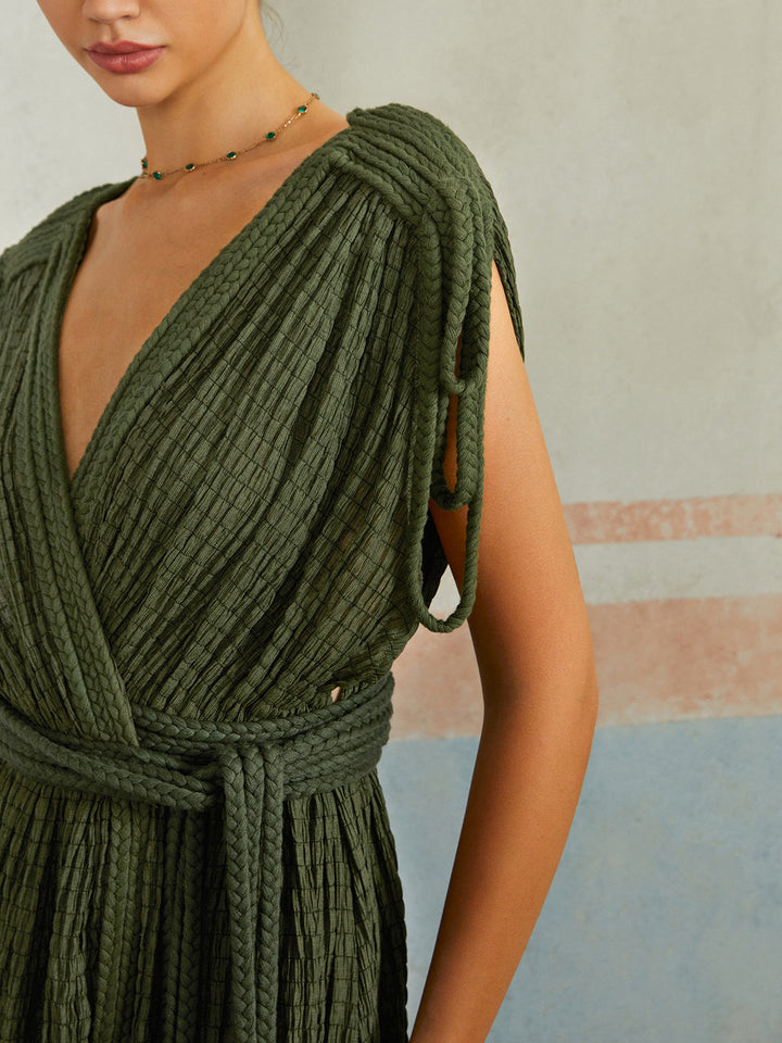 Vestido Largo Casual con Pliegues y Cinturón