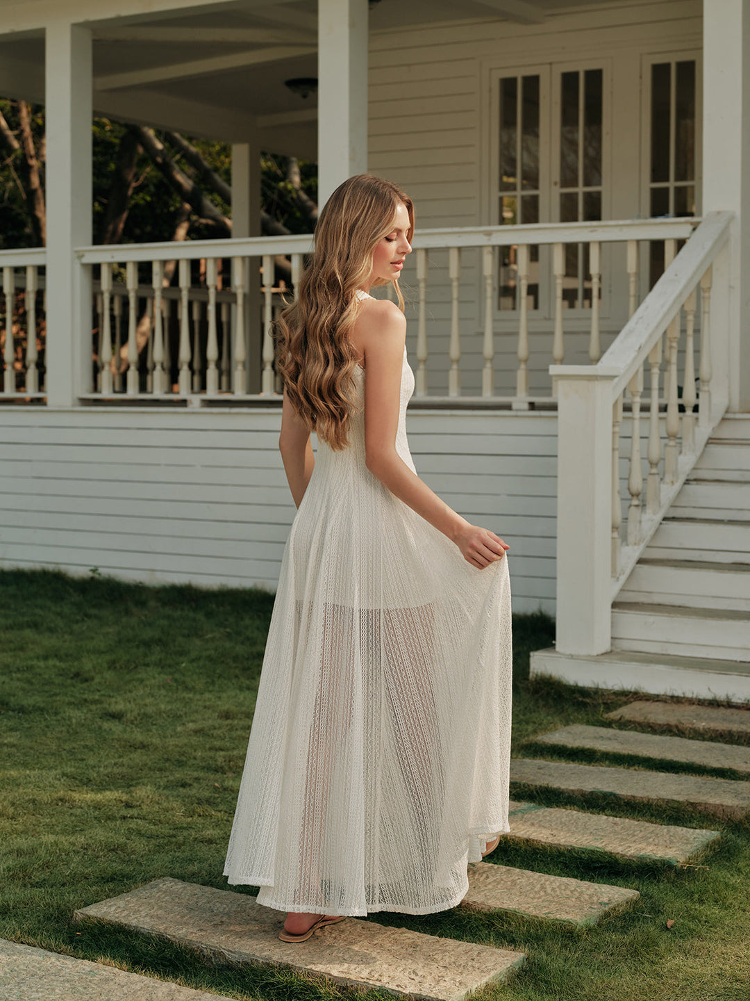 Vestido Sin Mangas de Encaje Semitransparente
