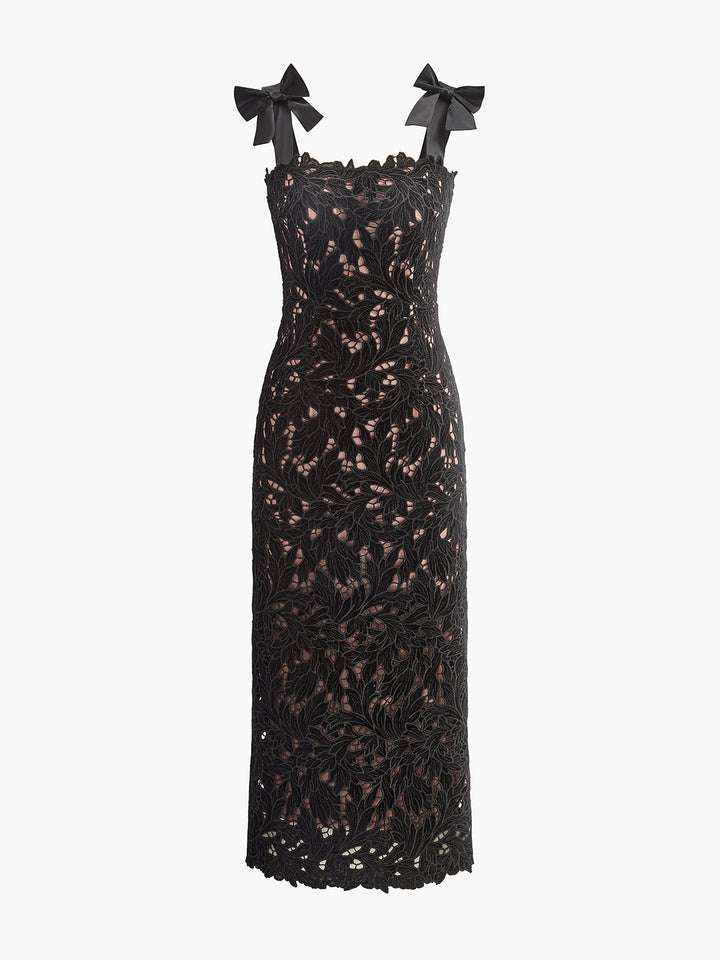 Vestido Jacquard Floral con Tirantes de Moño