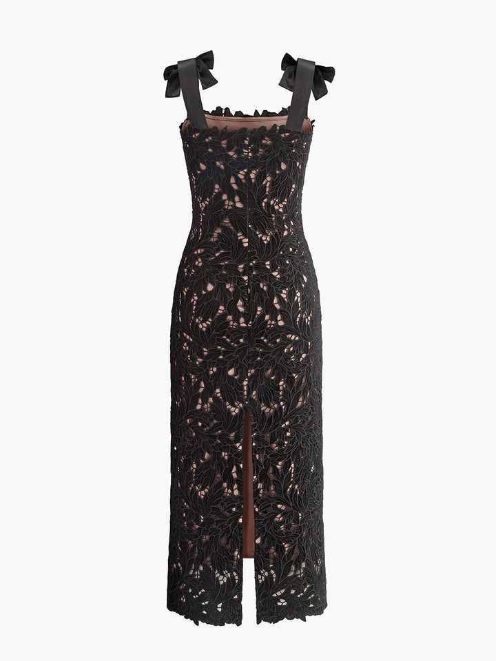 Vestido Jacquard Floral con Tirantes de Moño