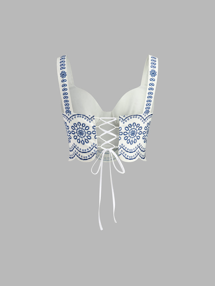 Conjunto de falda con estampado, sin mangas y amarre en la espalda