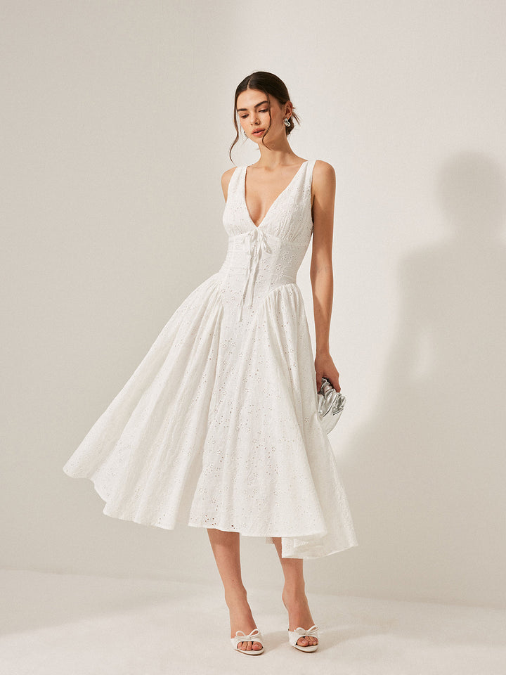 Vestido Bordado de Algodón con Cintas