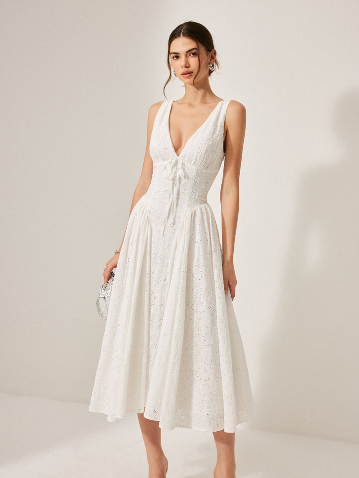 Vestido Bordado de Algodón con Cintas