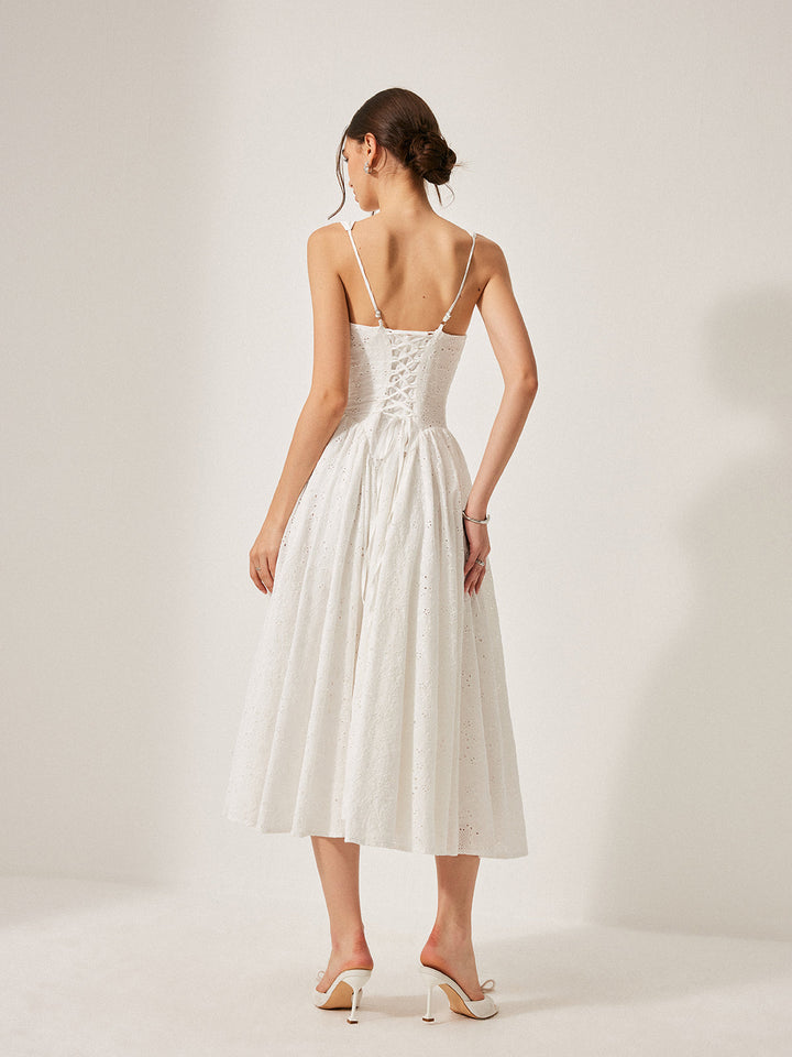 Vestido Bordado de Algodón con Cintas