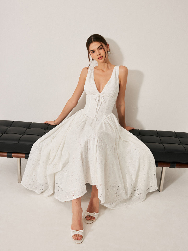 Vestido Bordado de Algodón con Cintas