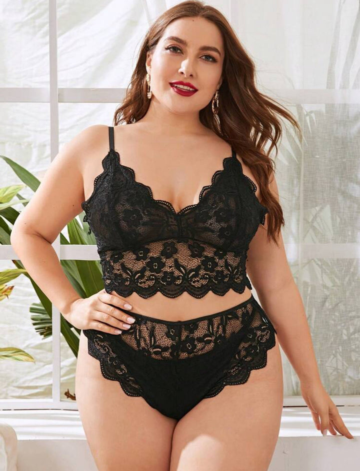 Conjunto curvy de lencería sexy con bordes festoneados