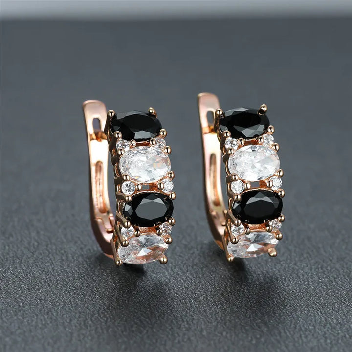 Noirelle Black and White Oval Hoop Earrings styled view