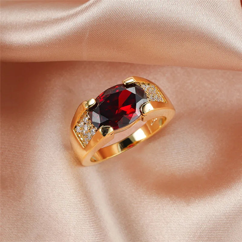 Charm Mannelijke Vrouwelijke Rode Kristalsteen Ring Geel Goud Kleur Dunne Trouwringen Voor Vrouwen Luxe Ovale Zirkoon Verlovingsring