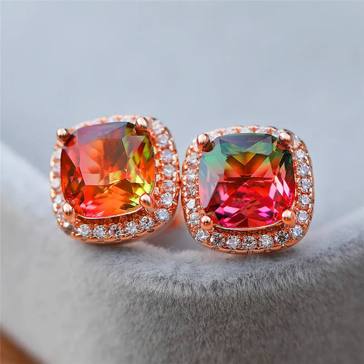 Elegante vrouwelijke vierkante blauwe steen oorbellen schattige zirkoon bruiloft oorbellen eenvoudige rose gouden kleur oorknopjes voor vrouwen