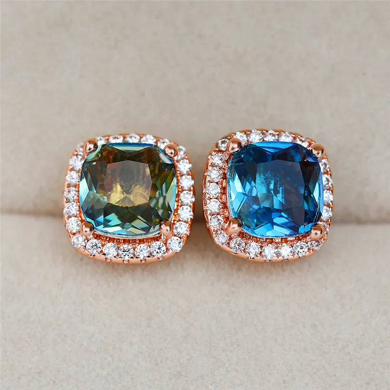 Elegante vrouwelijke vierkante blauwe steen oorbellen schattige zirkoon bruiloft oorbellen eenvoudige rose gouden kleur oorknopjes voor vrouwen