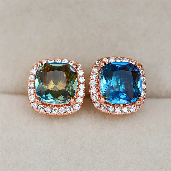Elegante vrouwelijke vierkante blauwe steen oorbellen schattige zirkoon bruiloft oorbellen eenvoudige rose gouden kleur oorknopjes voor vrouwen
