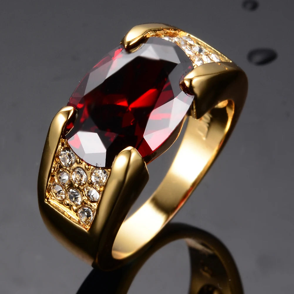 Charm Mannelijke Vrouwelijke Rode Kristalsteen Ring Geel Goud Kleur Dunne Trouwringen Voor Vrouwen Luxe Ovale Zirkoon Verlovingsring