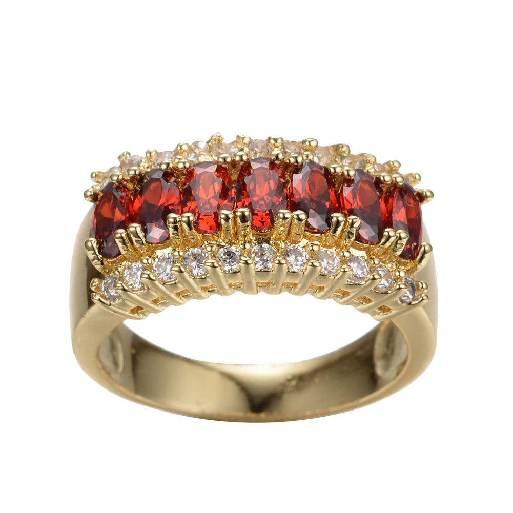 Luxe Vrouwelijke Rode Kristal Steen Ring Charm Grote Gouden Kleur Bruiloft Sieraden Voor Vrouwen Belofte Geometrische Zirkoon Verlovingsringen