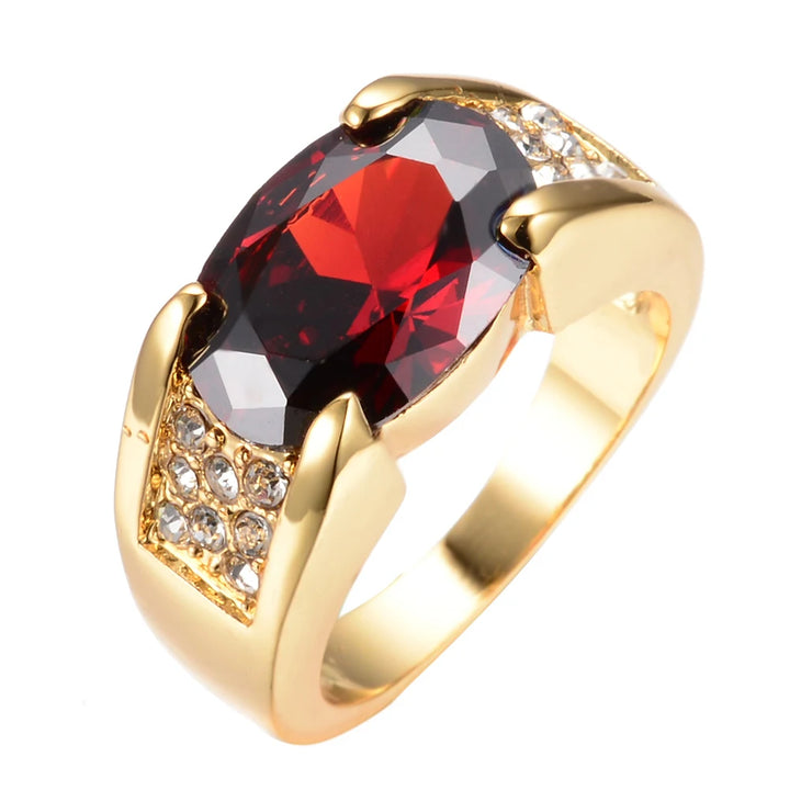 Charm Mannelijke Vrouwelijke Rode Kristalsteen Ring Geel Goud Kleur Dunne Trouwringen Voor Vrouwen Luxe Ovale Zirkoon Verlovingsring