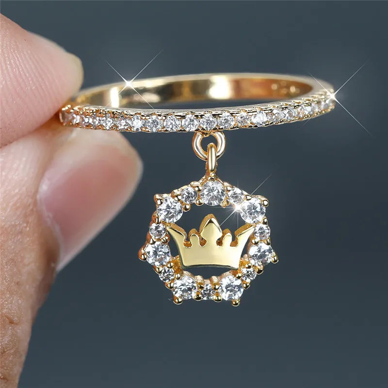 Luxe Vrouwelijke Kristallen Kroon Hanger Ring Trendy Goud Zilver Kleur Engagement Sieraden Zirkoon Steen Trouwringen Voor Vrouwen