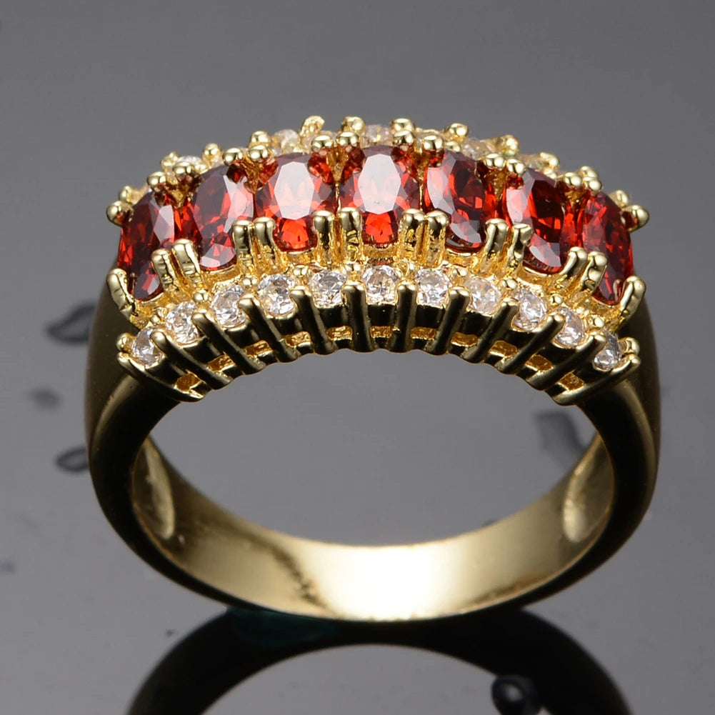 Luxe Vrouwelijke Rode Kristal Steen Ring Charm Grote Gouden Kleur Bruiloft Sieraden Voor Vrouwen Belofte Geometrische Zirkoon Verlovingsringen