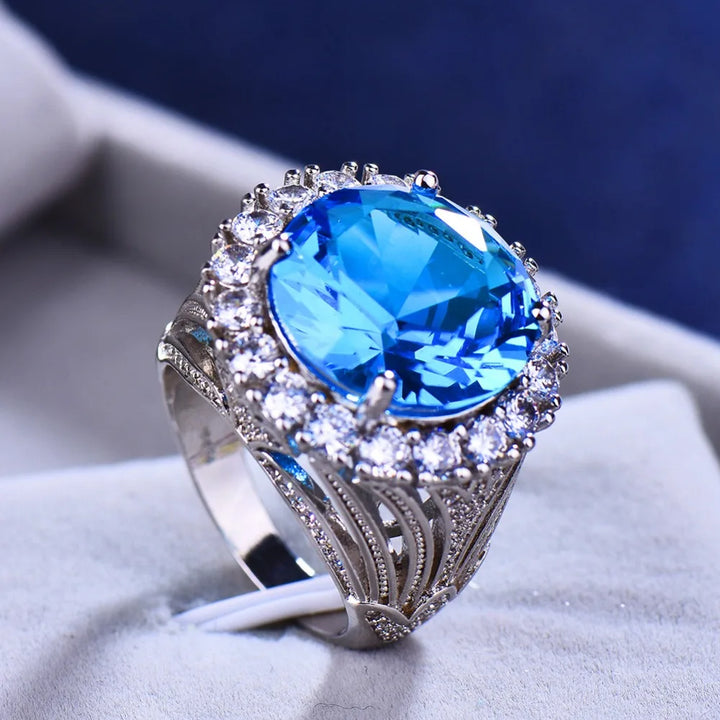 Luxe Vrouwelijke Grote Blauwe Steen Ring Zilver Kleur Trouwringen Voor Vrouwen 2019 Nieuwe Jaar Mode Engagement Ring Sieraden Geschenken