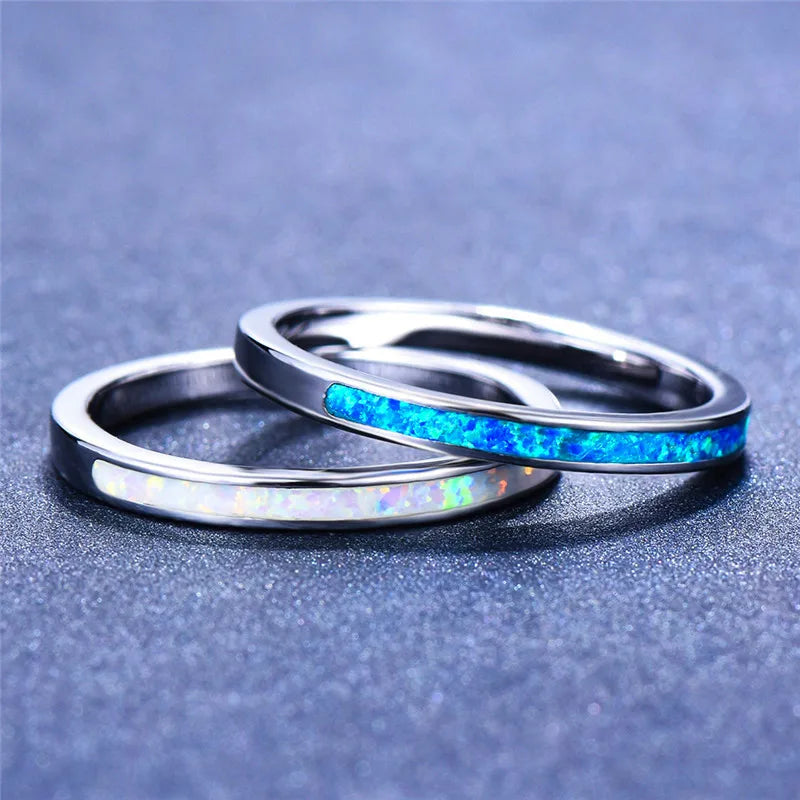 Luxe Vrouwelijke Blauw Wit Opal Stone Ring Boho Mode Zilveren Kleur Grote Ronde Ring Belofte Liefde Engagement Ringen Voor Vrouwen