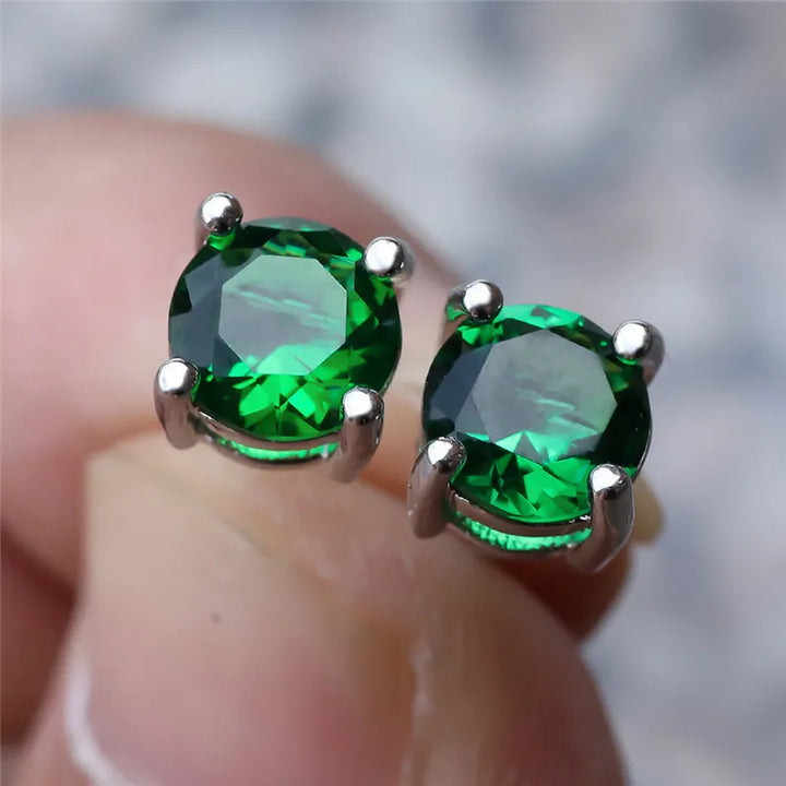 Luxe Vrouwelijke Kristal Groene Steen Charme Zilver Kleur Stud Oorbellen Leuke Ronde Zirkoon Bruiloft Sieraden Voor Vrouwen
