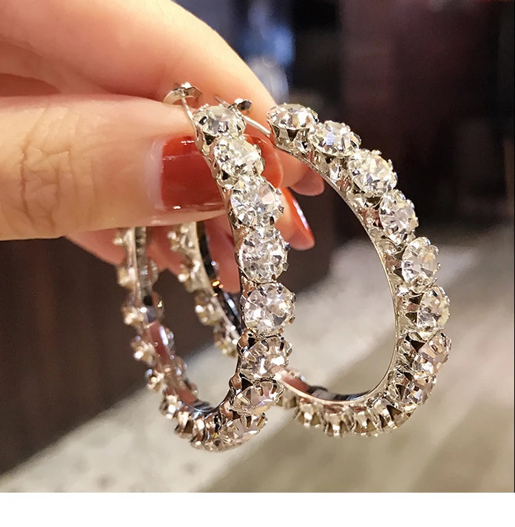 Luxe Vrouwelijke Grote Witte Ronde Hoepel Oorbellen Mode Gouden Kleur Bruiloft Oorbellen Dubbele Zirkoon Steen Oorbellen Voor Vrouwen