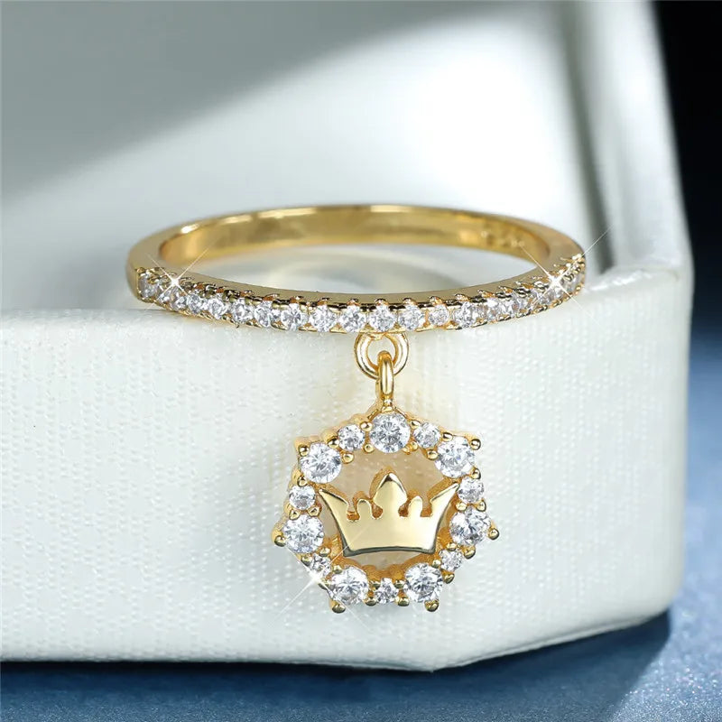 Luxe Vrouwelijke Kristallen Kroon Hanger Ring Trendy Goud Zilver Kleur Engagement Sieraden Zirkoon Steen Trouwringen Voor Vrouwen